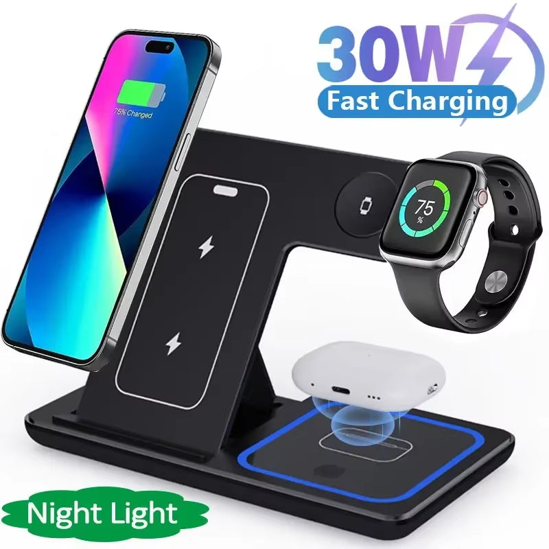 30W Magnetic Wireless Charger Stand for Iphone 15 14 13 12 Pro Max Apple Watch 8 7 Airpods Pro 3 in 1 Fast Phone Charging Sation