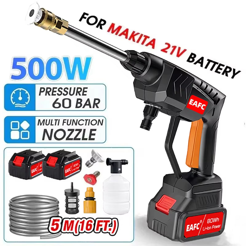 500W Portable High Pressure Car Washer Rechargeable Car Washing Gun Electric Water Gun Foam Machine for 21V Makita Battery